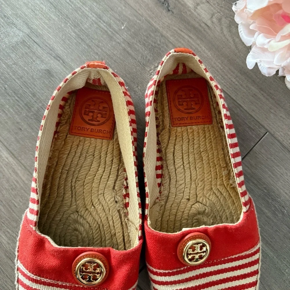 Tory Burch‎ Red Orange Striped Linen Slide On Espadrilles